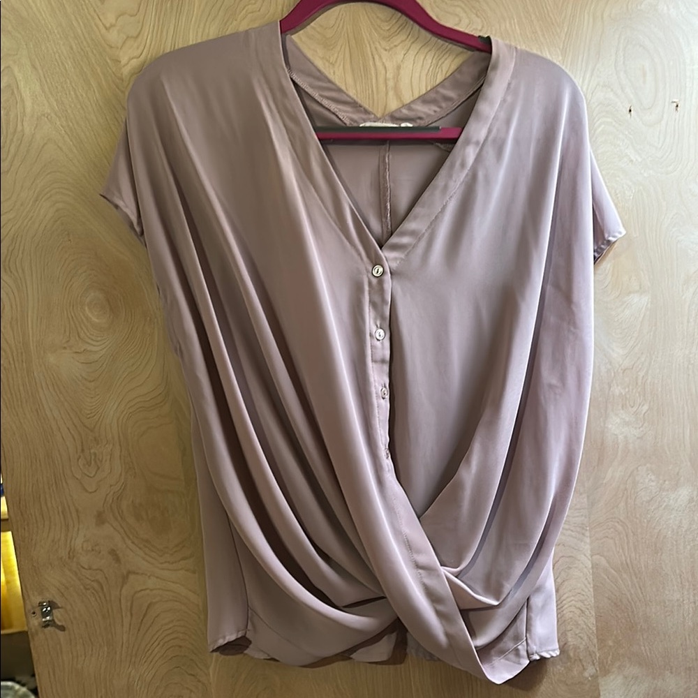 Lush Pink Wrap Blouse with Cap Sleeves and Mandarin Collar